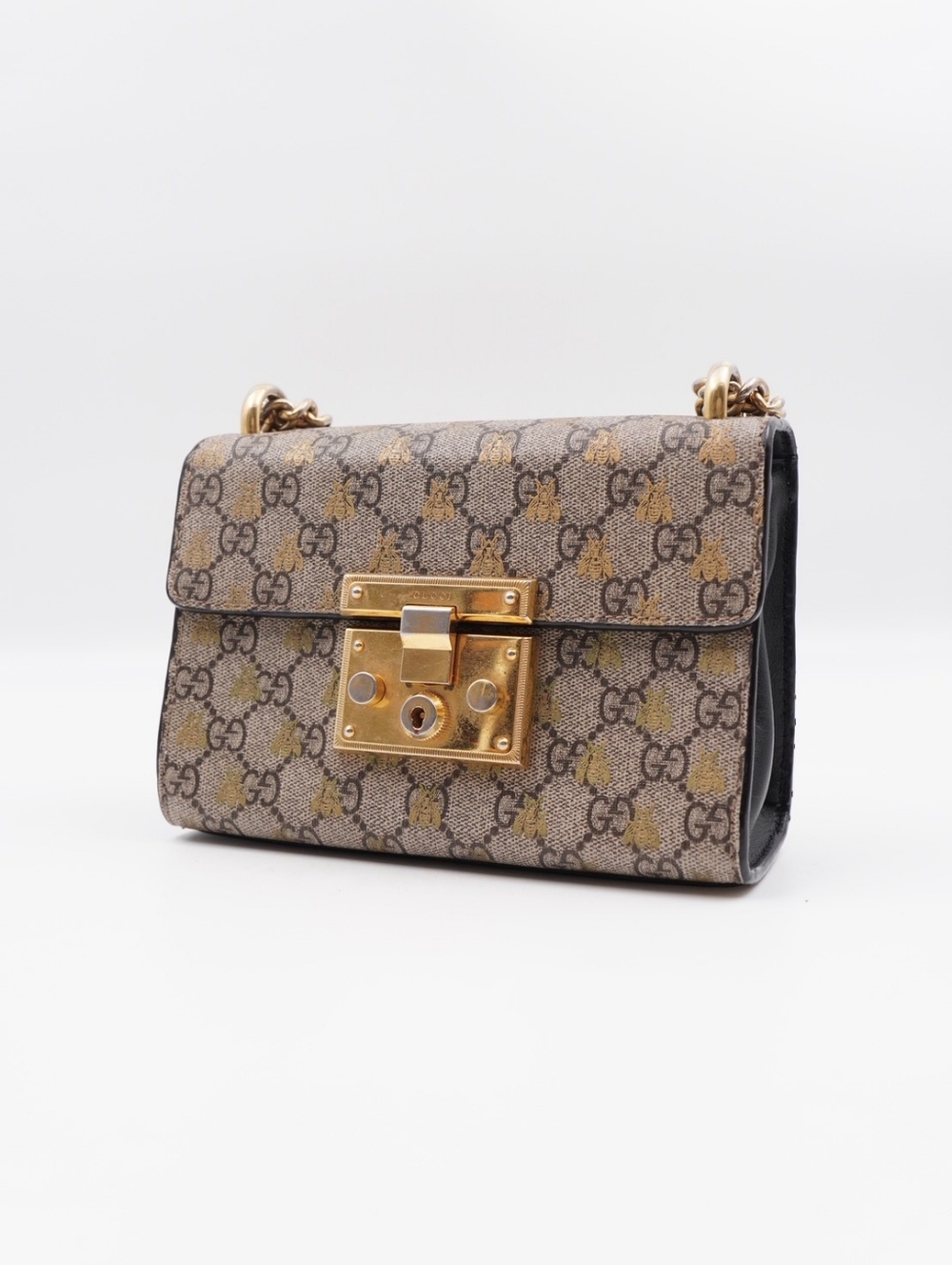 CG70 💗 GUCCI Bee Padlock Shoulder Bag GG Coated Canvas and Leather - Picture 4 of 12